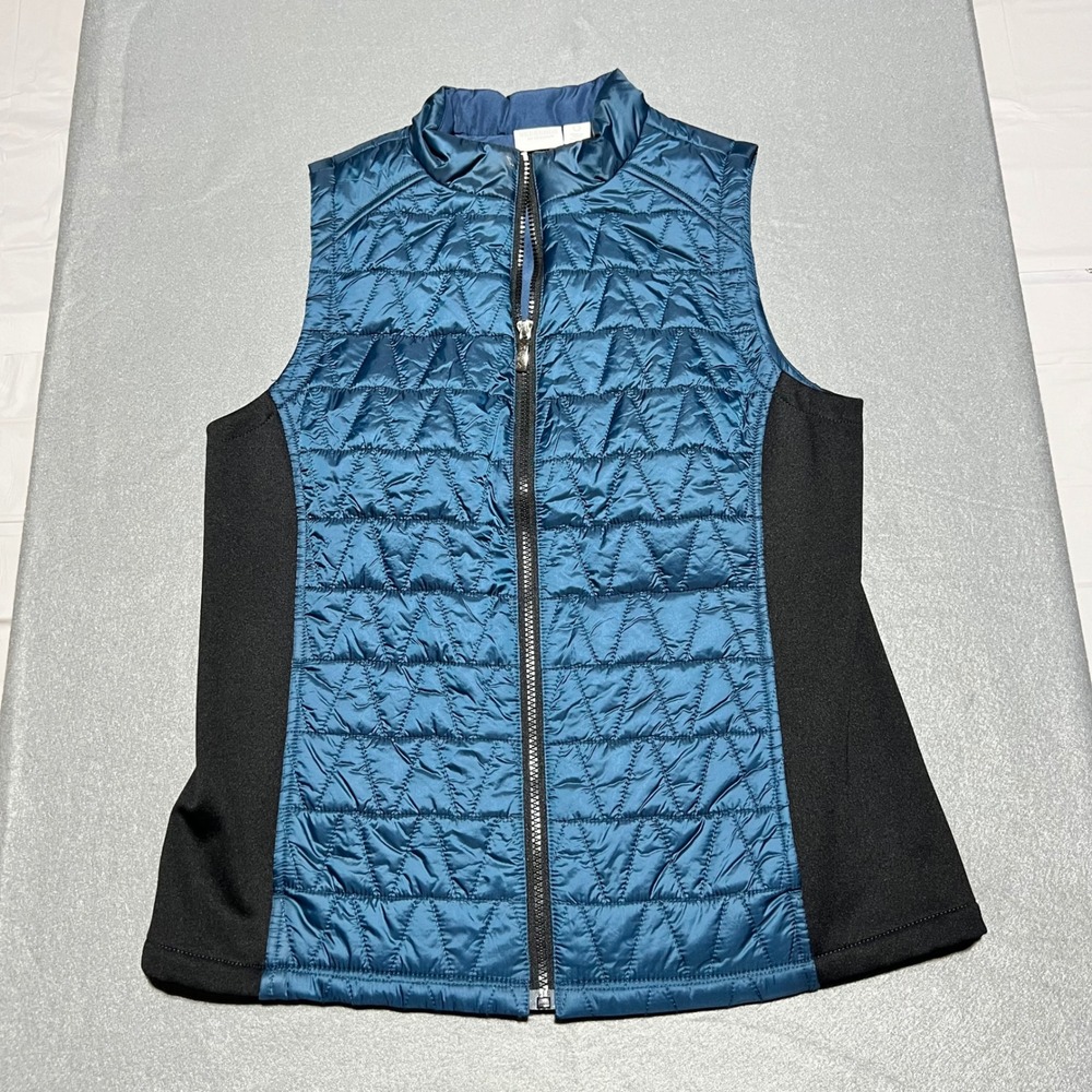 Weekends by Chicos Teal Blue Quilted Vest Black Side Panels Size 0 Small Zip Up
